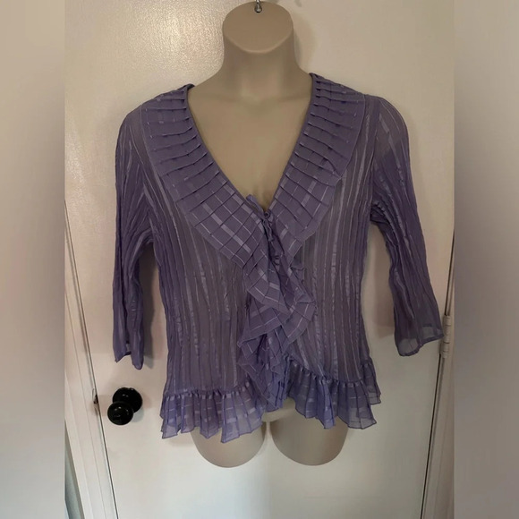 Purple stripe vintage women’s button front ruffle sheer top size 14/16 #1286 - Picture 1 of 8